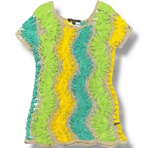 Fever Hand Crochet CoverUp Mini‎ Dress Multicolor Top ZigZag Pattern Weave L